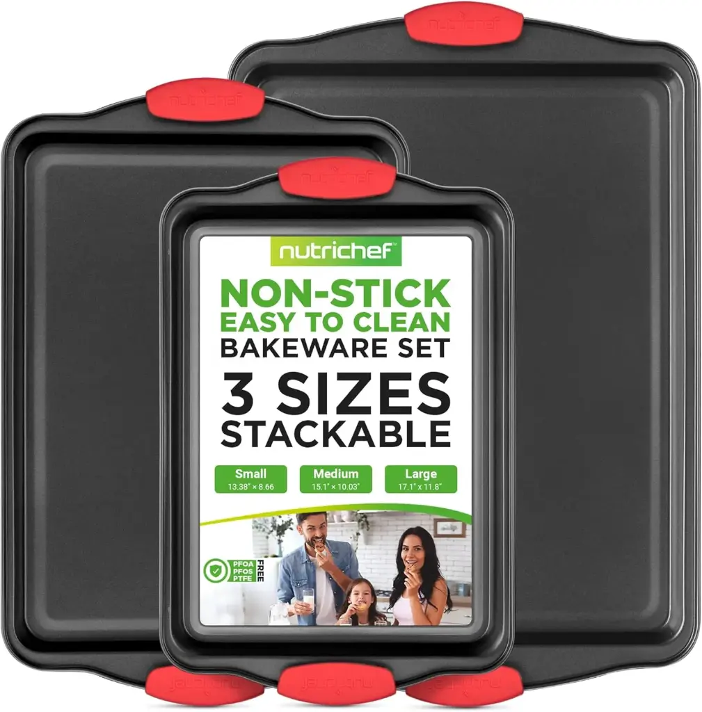 NutriChef 3-Piece Nonstick Kitchen Oven Baking Pans - Premium & Stylish Non-Stick Steel, Commercial Grade Restaurant Quality Metal Bakeware with Red Silicone Handles - Easy to Clean, NCSBS3S